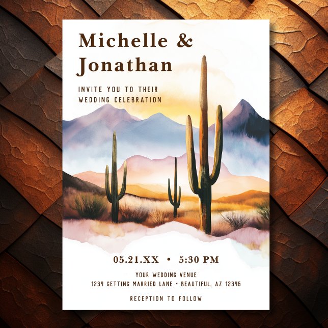 Invitación Boda occidental del atardecer del desierto del Boh (Front - Boho Desert Cactus Sunset Western Wedding Invitation)