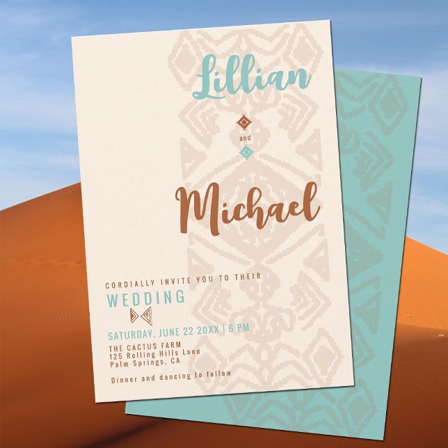 Invitación Boda occidental del desierto del suroeste de la cu (southwestern weave desert country western barn ranch wedding invitation terracotta teal tribal aztec)