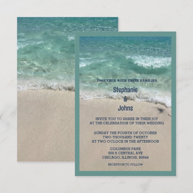 Invitación Boda oceánico de arena turquesa Verde azulada de B (Anverso / Reverso)