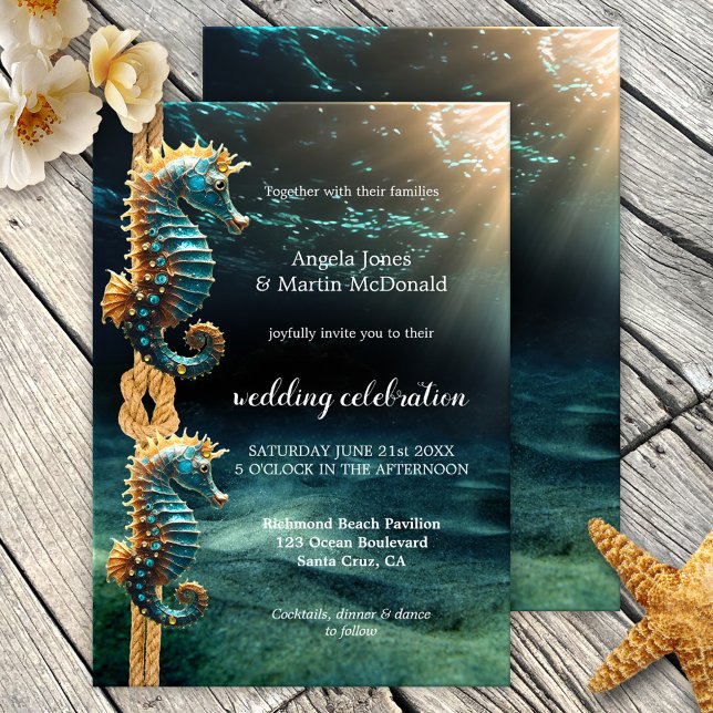 Invitación Boda oceánico nautical Aquarium (Wedding invitation featuring two seahorses with a knot in a rope in a sparkling underwater world)