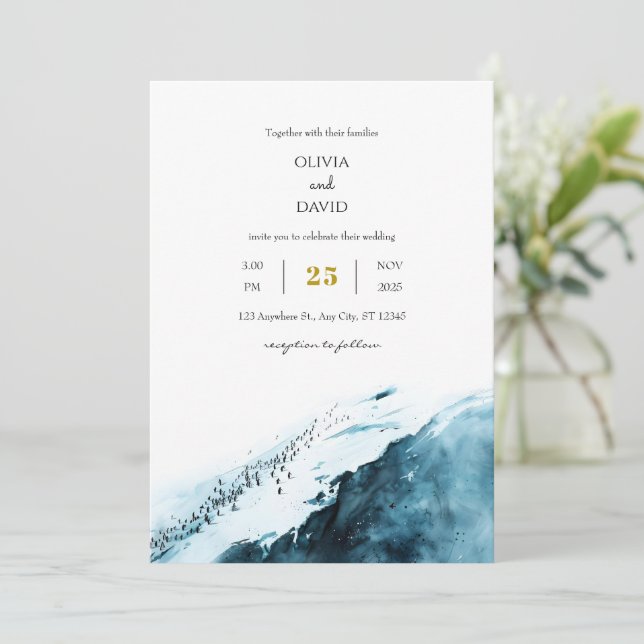 Invitación Boda oceánico pingüino de la costa antártica azul  (Anverso de pie)