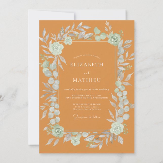 Invitación Boda Ochre con Hojas de Menta (Anverso)