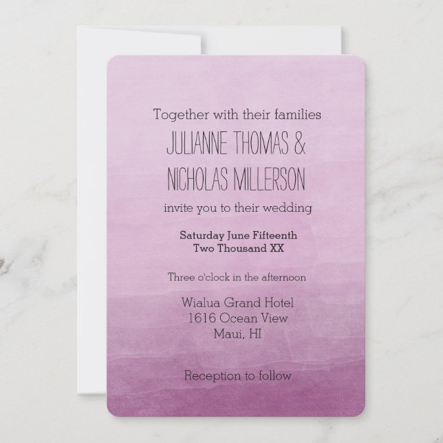 Invitación Boda Ombre color de agua rosa (Anverso)