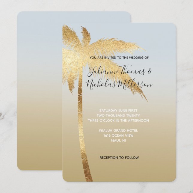 Invitación Boda Ombre Ombre de árbol de palma azul dorado (Anverso / Reverso)