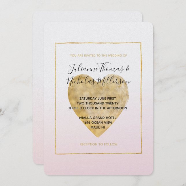 Invitación Boda Ombre Rosa Gold Heart Rubor (Anverso / Reverso)