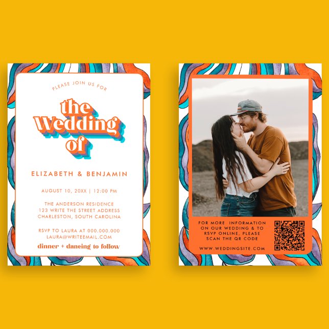 Invitación Boda Ondulada Código QR Azul Retro Boho Foto Groov (Front and Back)