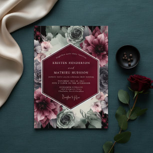 Invitación Boda Opulencia Flor de Terciopelo Borgoña