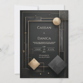 Invitación Boda Opulenta Arte Deco Geométrico Oro Negro