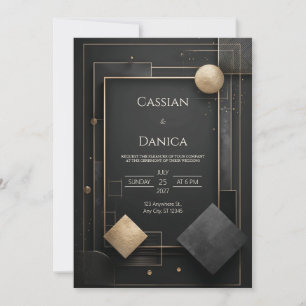 Invitación Boda Opulenta Arte Deco Geométrico Oro Negro