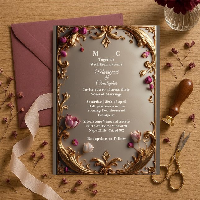 Invitación Boda Opulenta Barroca de Tulipán Morado Dorado (Lavish Mulberry Tulip Gold Baroque Opulent Wedding Invitation)