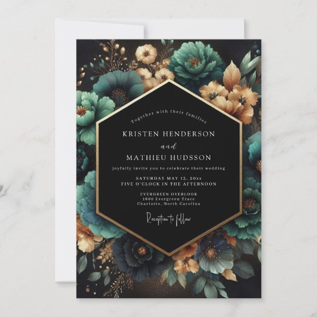 Invitación Boda Opulenta Botánica Verde Azul (Anverso)