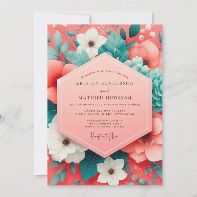 Invitación Boda Opulenta Coral Floral (Anverso)