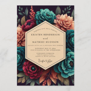 Invitación Boda Opulenta Crimson & Teal Bloom