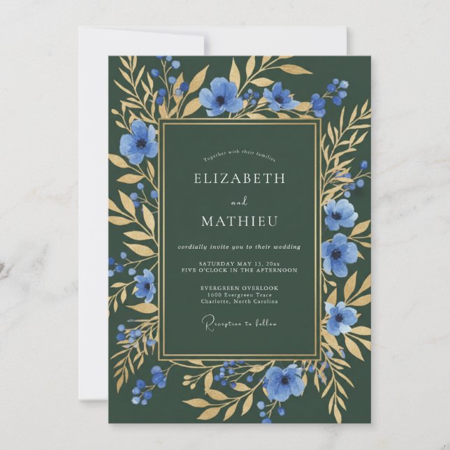 Invitación Boda Opulenta de Anémona Verde Bosque (Anverso)