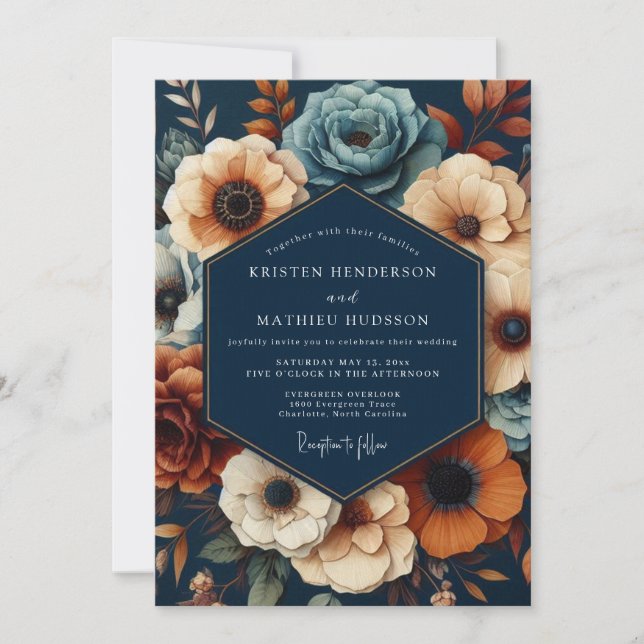 Invitación Boda Opulenta de Floral Profundo de la Marina (Anverso)