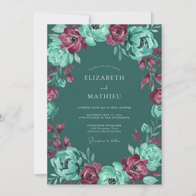Invitación Boda opulenta de invierno en azul verde oscuro (Anverso)