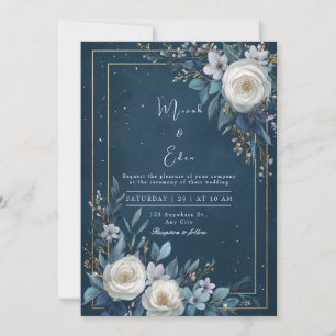 Invitación Boda opulenta de rosa blanca y azul marino dorado