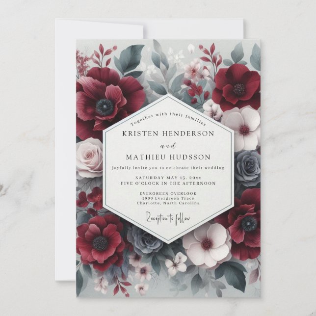 Invitación Boda Opulenta Flor de Borgoña (Anverso)