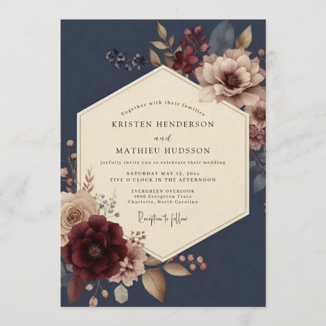 Invitación Boda Opulenta Flor de Borgoña Marina (Anverso)