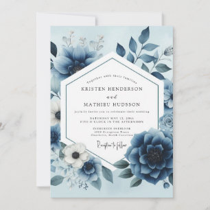 Invitación Boda Opulenta Floral Azul Polvoriento