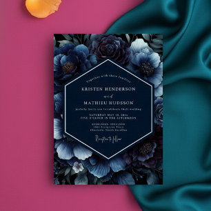 Invitación Boda Opulenta Floral Azul Profundo