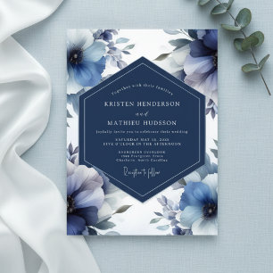Invitación Boda Opulenta Floral Azul Profundo
