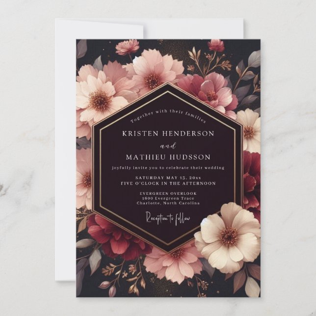Invitación Boda Opulenta Floral Burgundy Profundo (Anverso)