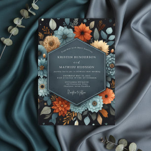 Invitación Boda Opulenta Floral Otoñal Verde Teal