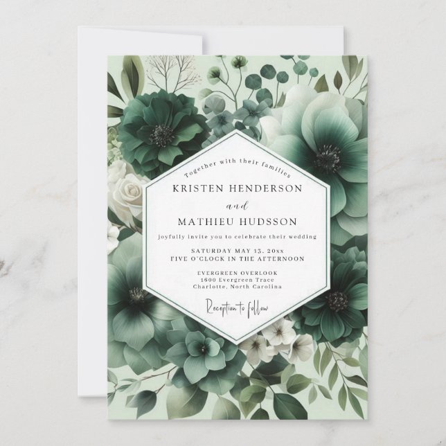 Invitación Boda Opulenta Floral Verde Profundo (Anverso)