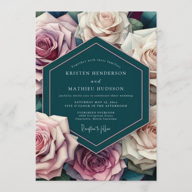 Invitación Boda Opulenta Verde Azul y Malva (Anverso)