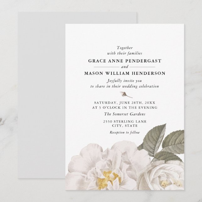Invitación Boda oral botánico rosa blanco vintage (Anverso / Reverso)