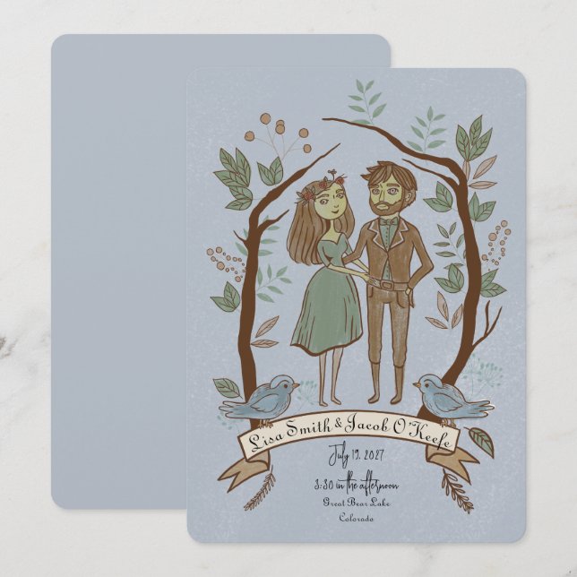 Invitación Boda original de pareja ilustrada (Anverso / Reverso)
