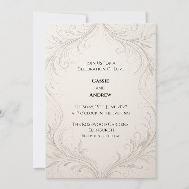 Invitación Boda Ornamental de Marfil y Plata (Anverso)