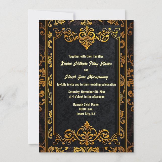 Invitación Boda ornamental elegante de damasco de oro negro (Anverso)