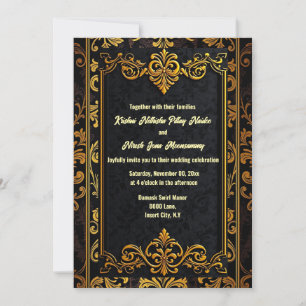 Invitación Boda ornamental elegante de damasco de oro negro