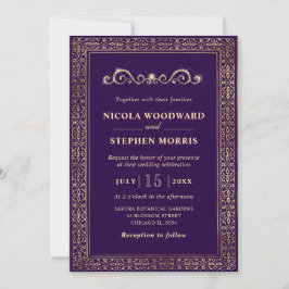 Invitación Boda Ornamental Elegante de Púrpura y Dorado