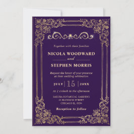Invitación Boda Ornamental Elegante de Púrpura y Dorado