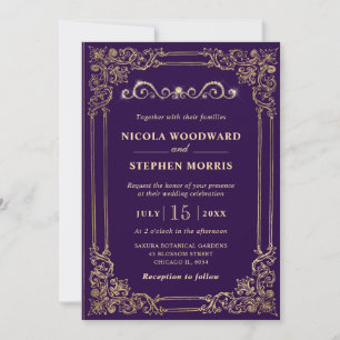 Invitación Boda Ornamental Elegante de Púrpura y Dorado
