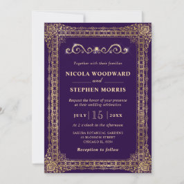 Invitación Boda Ornamental Elegante de Púrpura y Dorado