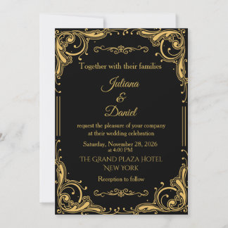 Invitación Boda Ornamental Vintage Negra de Lujo
