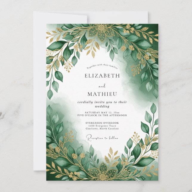 Invitación Boda Ornata de Bosque Verde Esmeralda (Anverso)