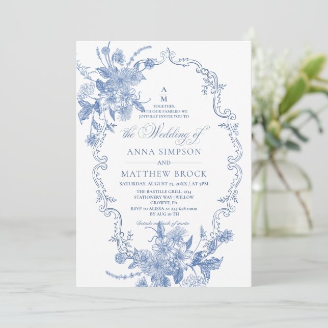 Invitación Boda Ornata de Flores Azules Todo en Uno  (Anverso de pie)
