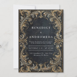 Invitación Boda Ornata de Lujo Barroco Negro Oro Plata