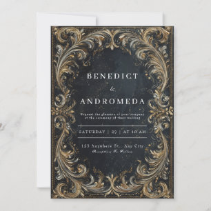 Invitación Boda Ornata de Lujo Barroco Negro Oro Plata