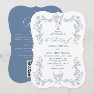 Invitación Boda Ornata Floral Azul Todo en Uno Francés