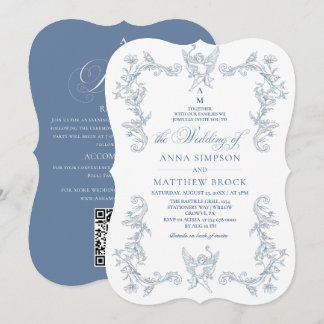 Invitación Boda Ornata Floral Azul Todo en Uno Francés