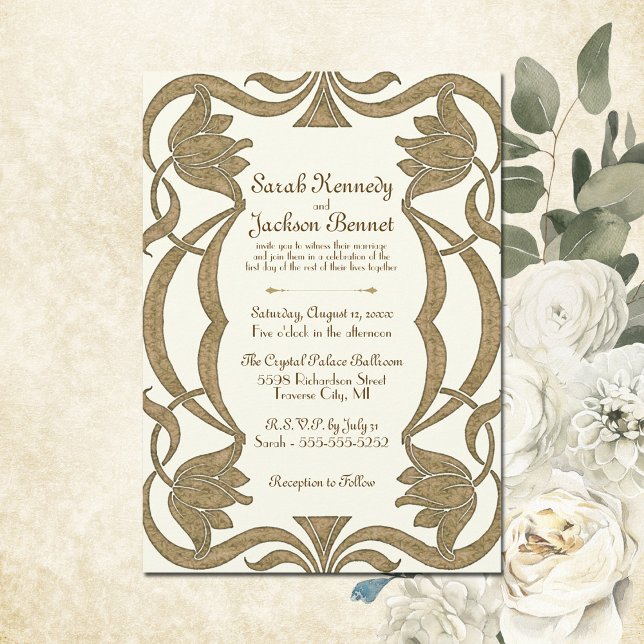Invitación Boda Ornate Art Nouveau de Marfil y Gold Elegant (This elegant Art Nouveau wedding invite combines sinuous lines and stylized floral motifs.)