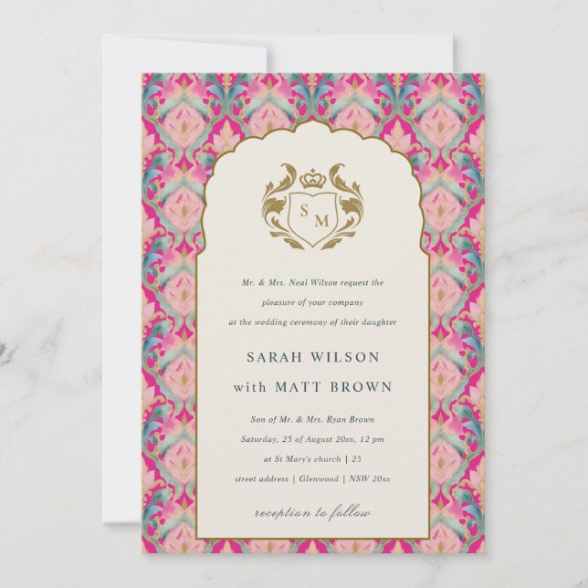 Invitación Boda Ornate Hot Pink Gold Classy Floral Laurel (Anverso)