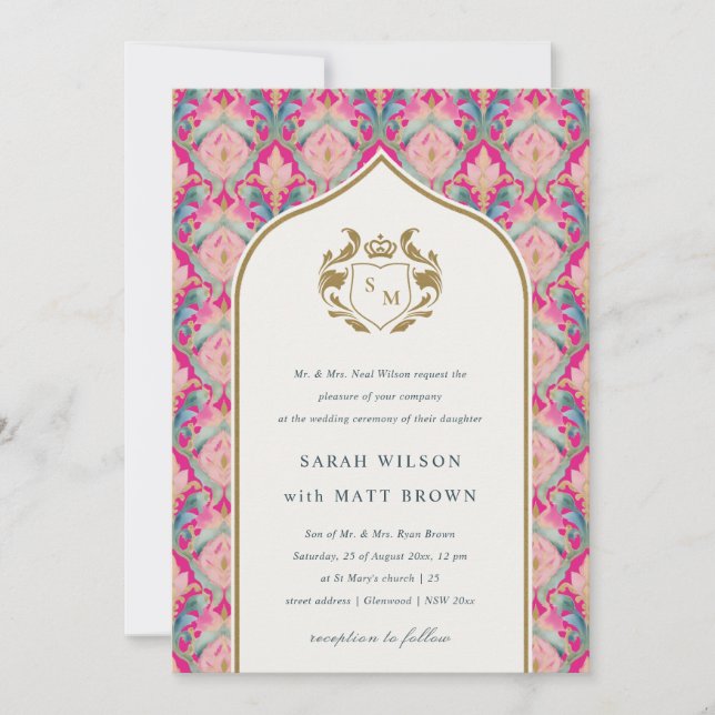 Invitación Boda Ornate Hot Pink Gold Classy Floral Laurel (Anverso)