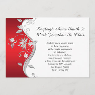 Invitación Boda Ornate Red and Silver Floral Swirls